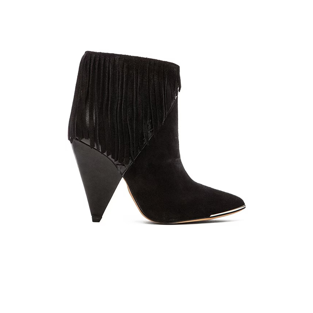 IRO Xabea Black Suede Leather Bootie Ankle Boot Fringe Point Toe Cone He…